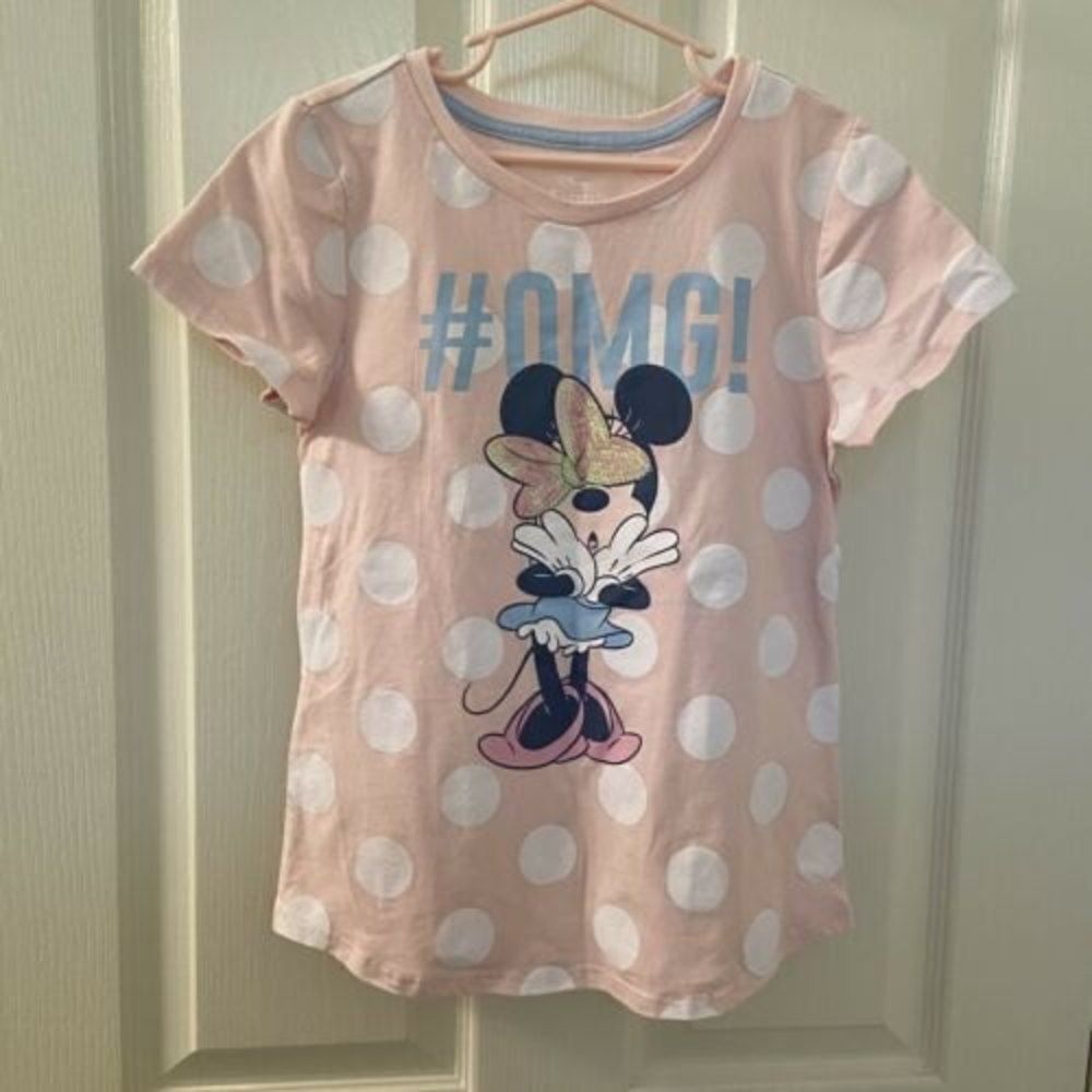 Disney Minnie Mouse Pink Polka Dot OMG! Graphic Tee Sequins Girls Size L 10-12